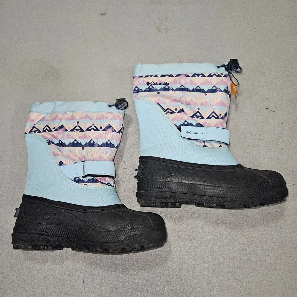 Columbia Powderbug Plus II Snow Boots Blue Mountain Print Sz 5 Youth